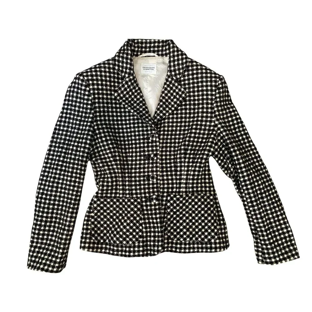 United Colors of Benetton Wool Blazer IT 38 / US 2 Black White Checkered Plaid